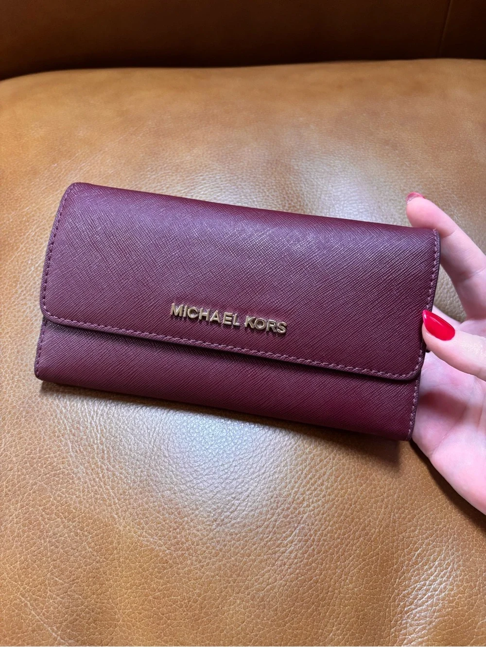 Michael Kors Wine Saffiano Leather Flap Wallet with Gold Logo